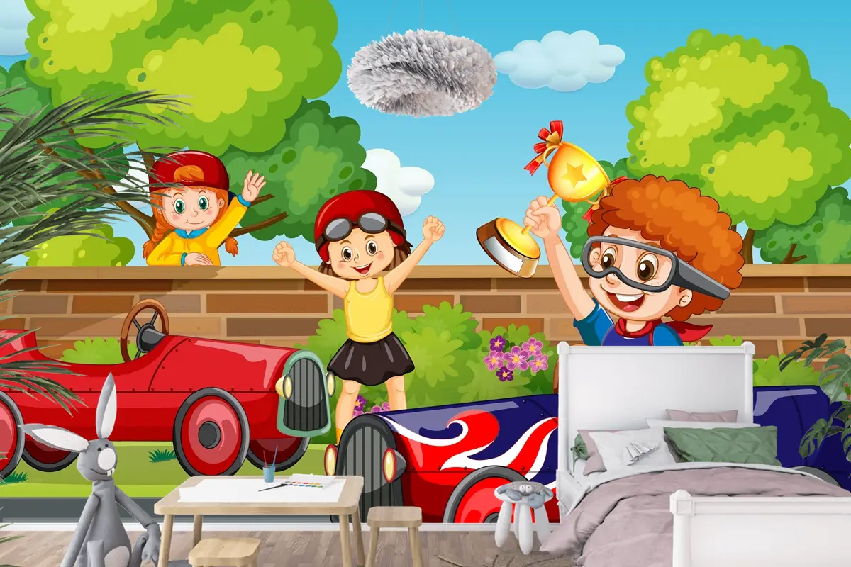 Çocuk Araba Yarışı Çocuk Odası Duvar Kağıdı  Ile Park Sahnesi