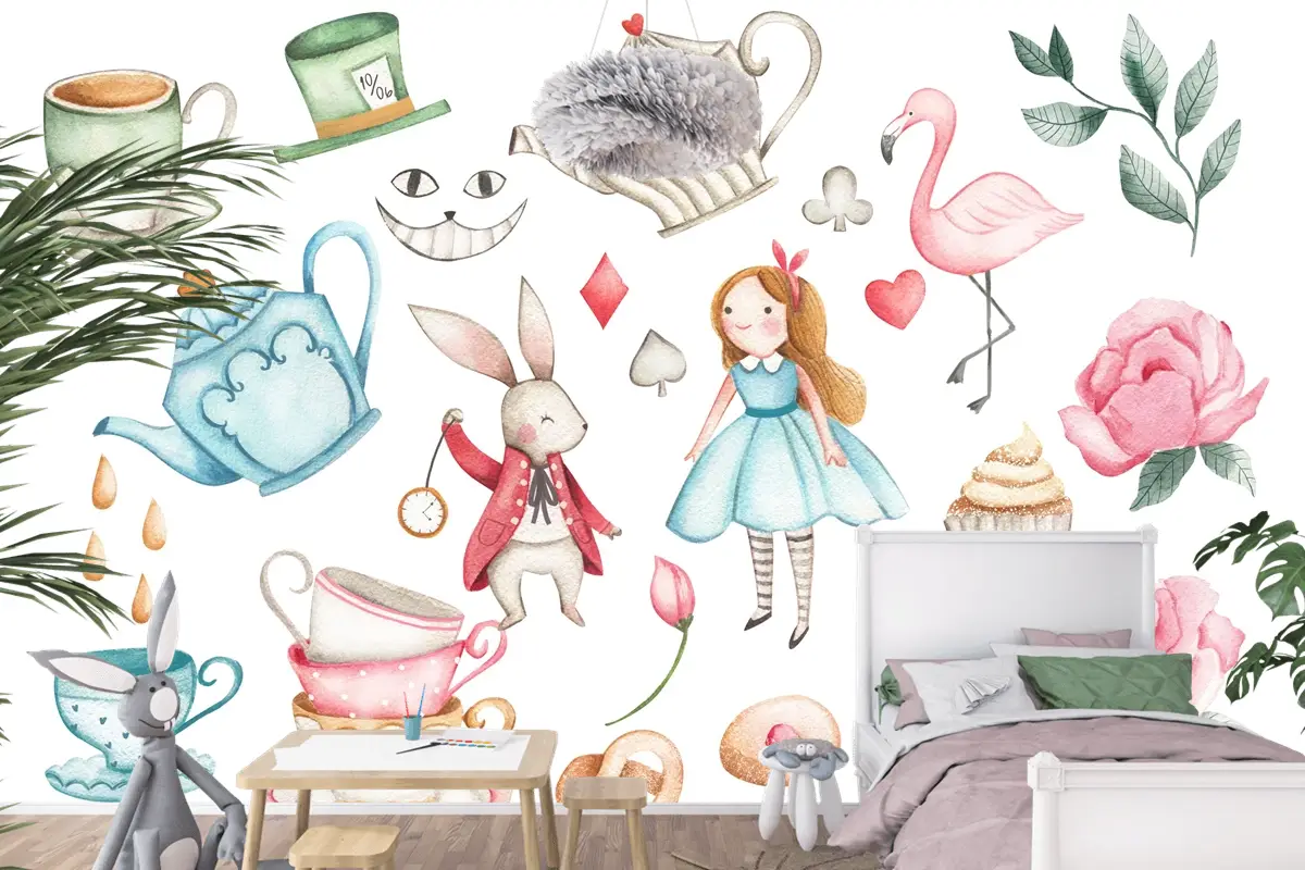 Pastel Alice Masalı ve Çay Saati Çocuk Odası Duvar Kağıdı