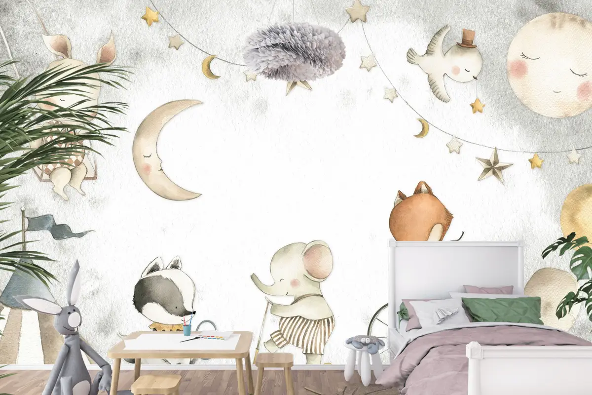 Pastel Ay, Fil ve Tilki Oyun Sahnesi Çocuk Odası Duvar Kağıdı