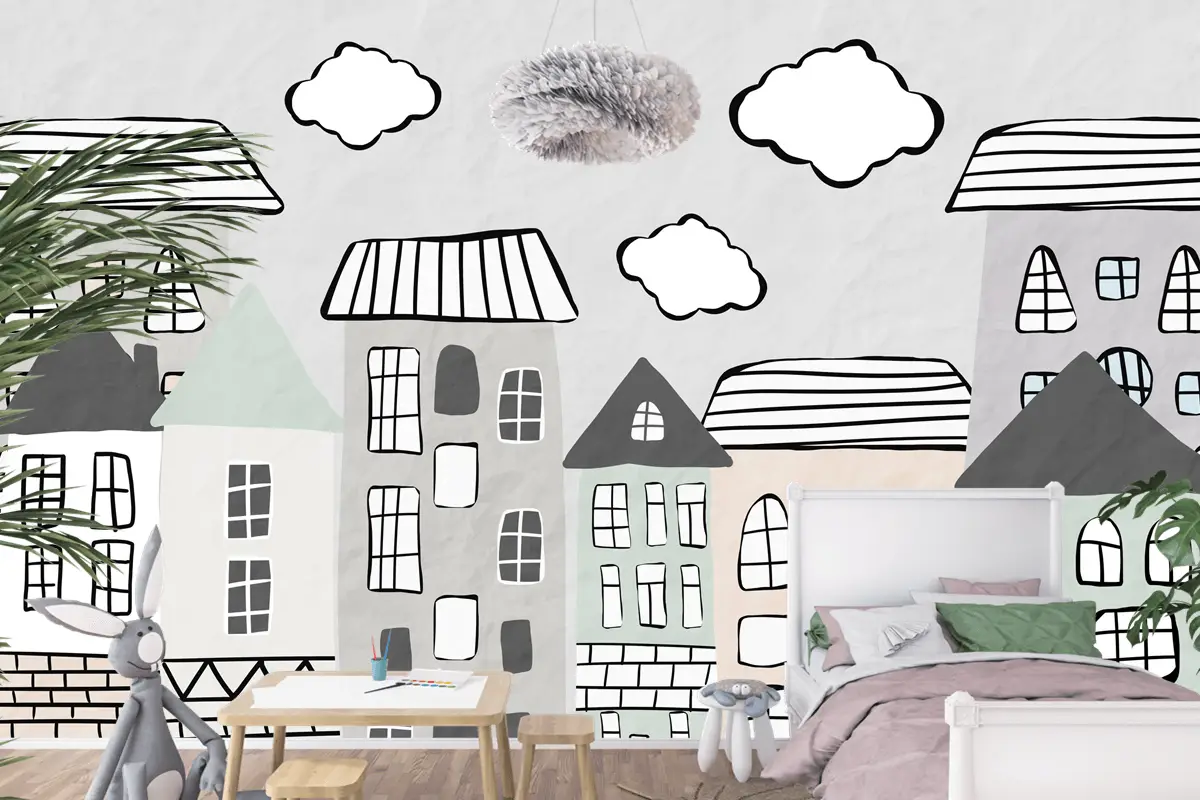 Pastel Bulutlar ve Şehir Evleri Çocuk Odası Duvar Kağıdı