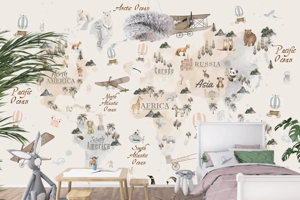 Pastel Dünya Haritası Eğitici ve Eğlenceli Çocuk Odası Duvar Kağıdı