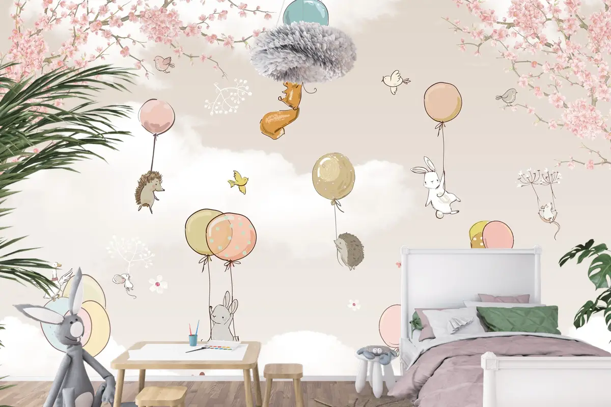 Pastel Sıcak Hava Balonları ve Orman Hayvanları Çocuk Odası Duvar Kağıdı