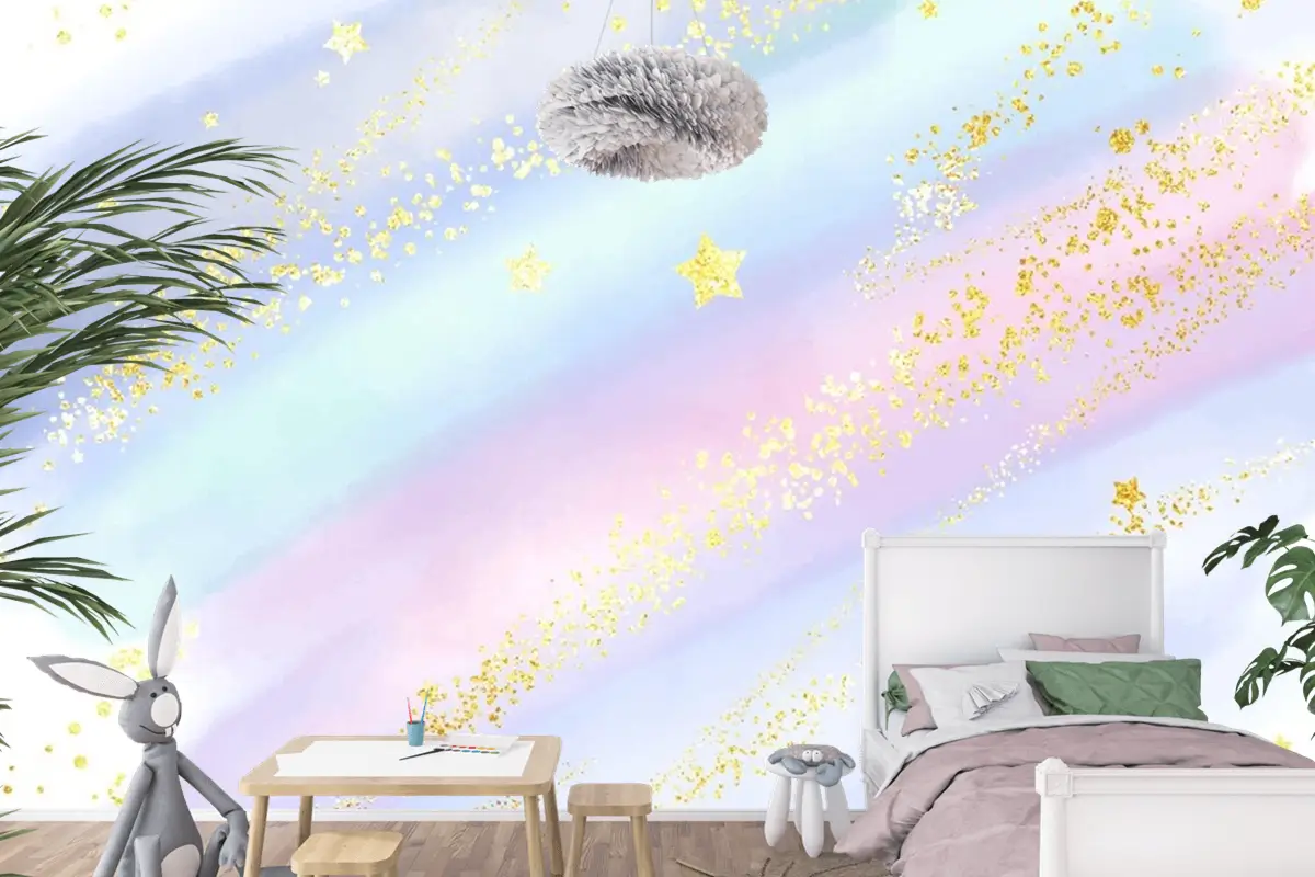 Işıltılı Altın Yıldızlar Ve Konfeti Ile Pastel Suluboya Arka Plan Çocuk Odası Duvar Kağıdı