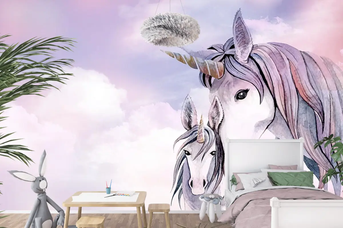 Pembe Bulutlar Üzerinde Unicorn Çocuk Odası Duvar Kağıdı