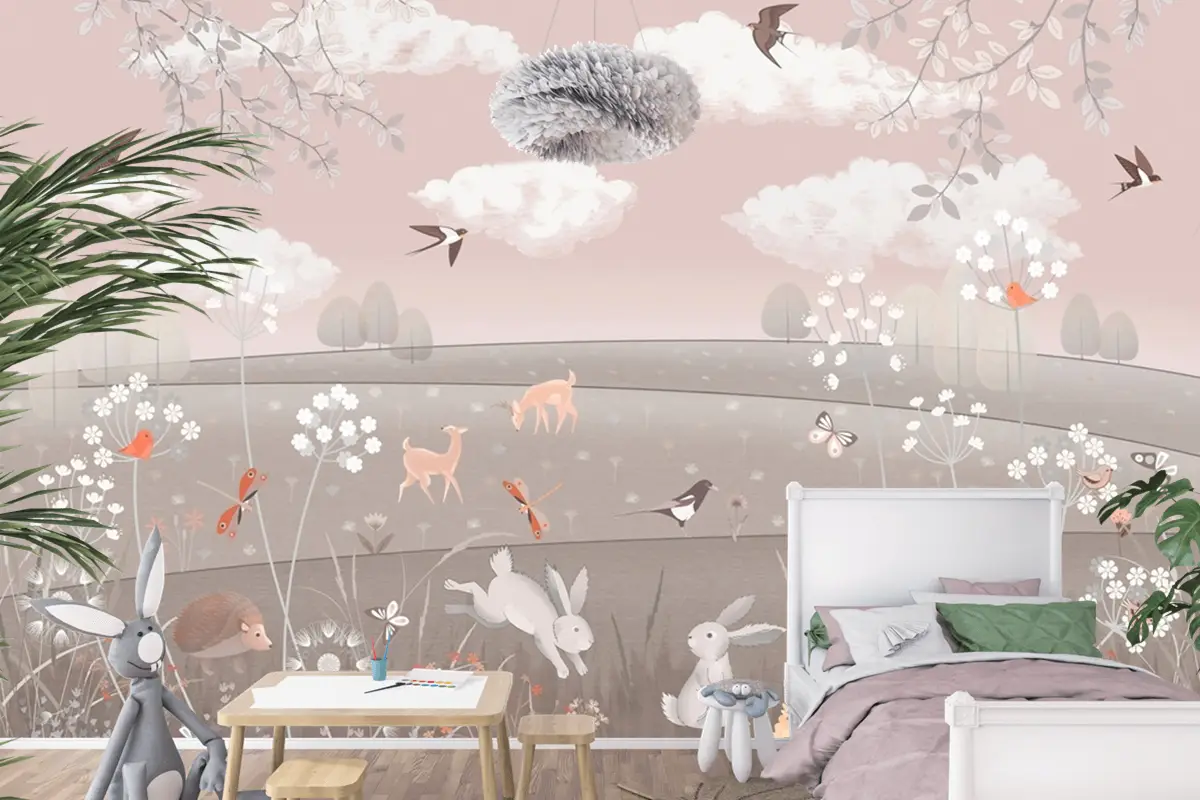 Pembe Manzara Geyik Tavşan Kuşlar Çocuk Odası Duvar Kağıdı