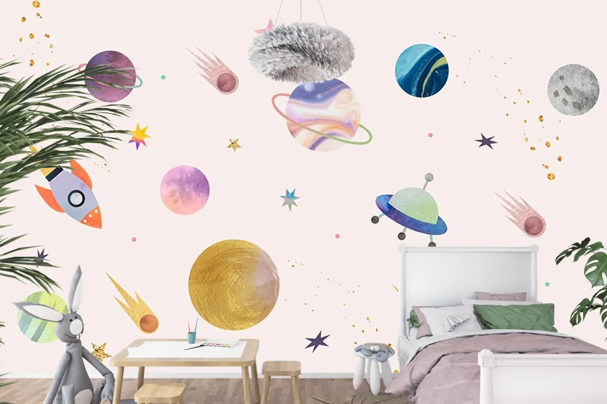 Pembe Zemin Üzerinde Gezegenler Çocuk Odası Duvar Kağıdı