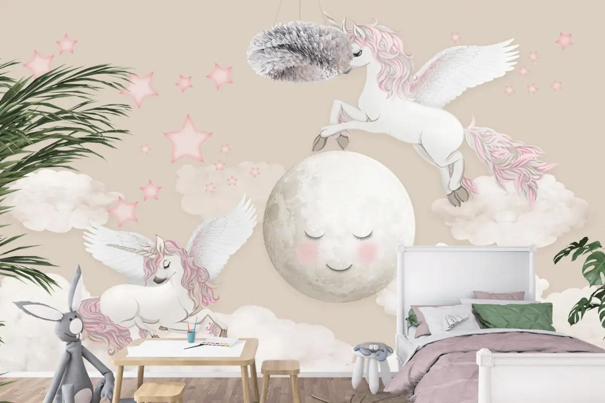 Peri At Ay Ve Bulutlar Çocuk Odası Duvar Kağıdı