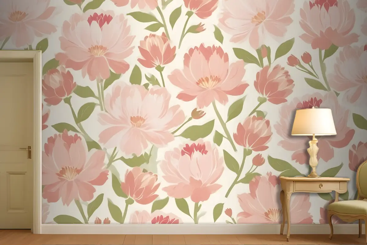 Hafif Antre  Hol  Koridor Duvar Kağıdı Duvarında Yeşil Yapraklı Pembe Ve Şeftali Çiçekleri