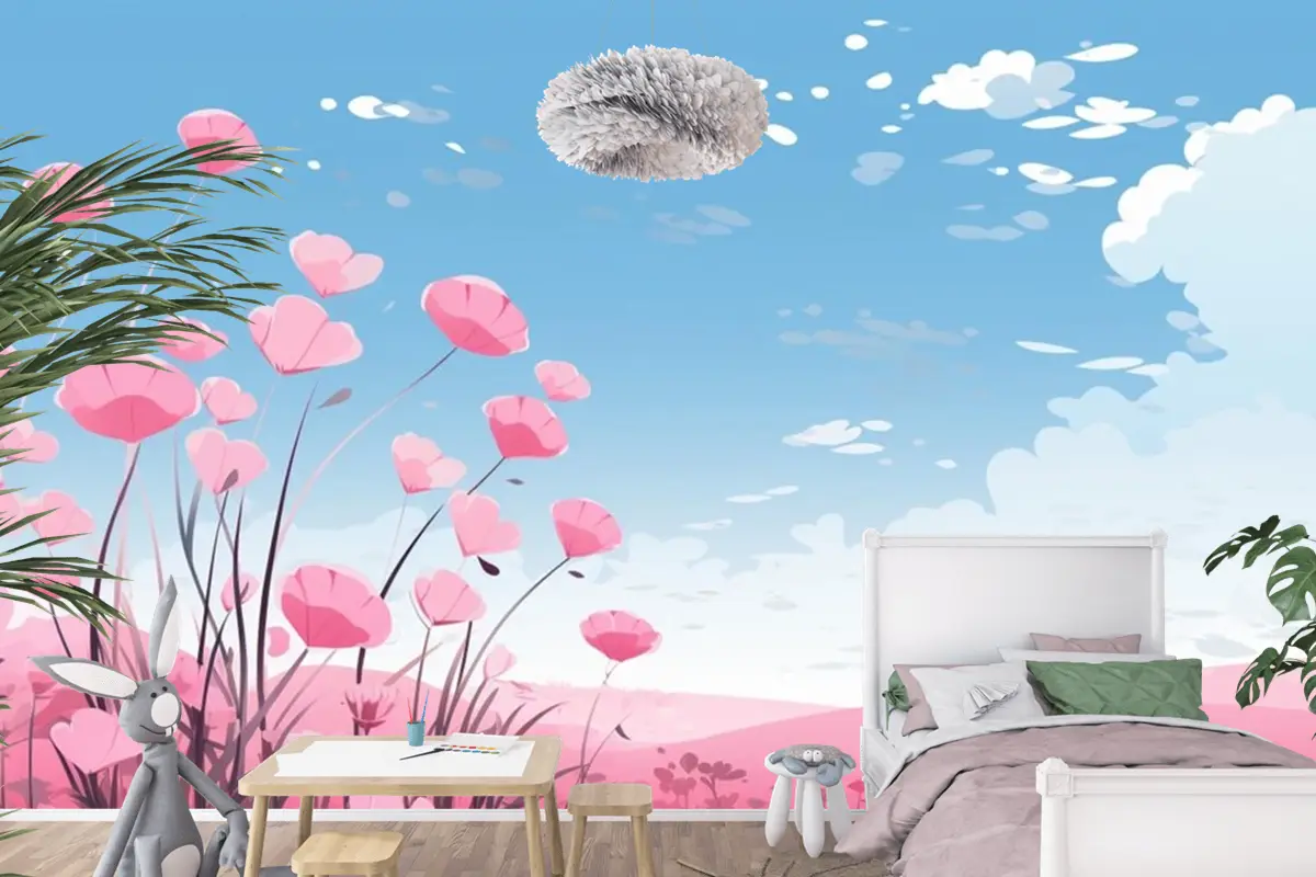 Gökyüzünde Çiçekler Ve Bulutlarla Pembe Kalpler Çocuk Odası Duvar Kağıdı