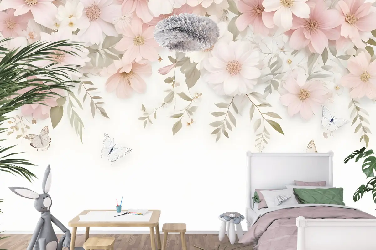 Pembe Ortanca Çiçek Sanatı Çocuk Odası Duvar Kağıdı 