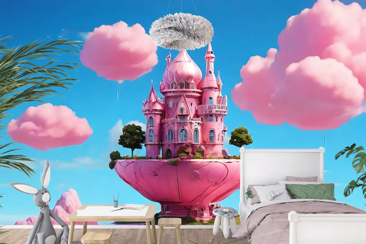 Pembe Sihirli Ev Tasarımı Çocuk Odası Duvar Kağıdı 