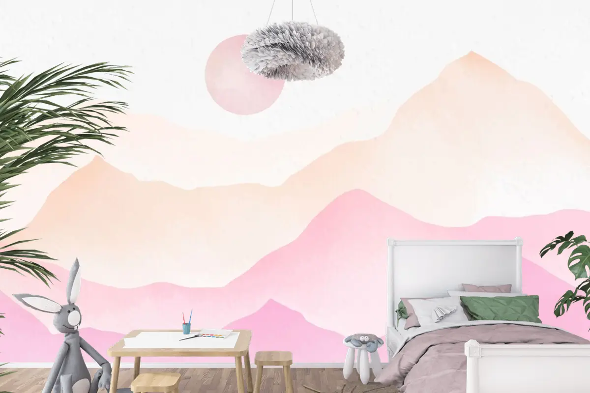 Pembe Suluboya Dağlar Arka Plan Çocuk Odası Duvar Kağıdı 