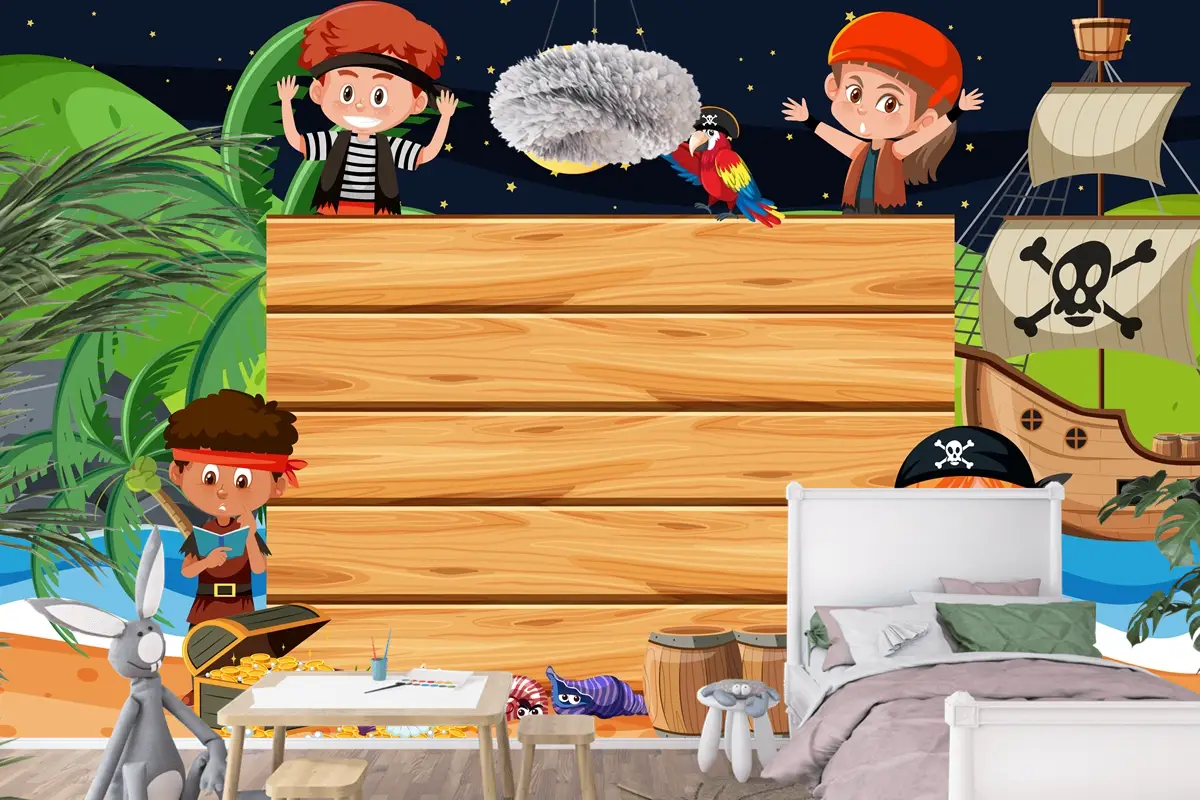 Boş Ahşap Çocuk Odası Duvar Kağıdı Yle Sahilde Gece Sahnesinde Korsan Çocuklar
