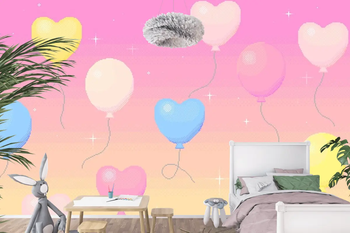 Rüya Gibi Gökyüzünde Uçan Balonların Piksel Sanat Arka Planı Çocuk Odası Duvar Kağıdı