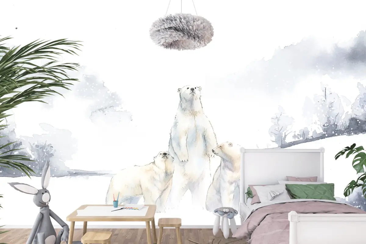 Karda Kutup Ayıları Suluboya Çocuk Odası Duvar Kağıdı 