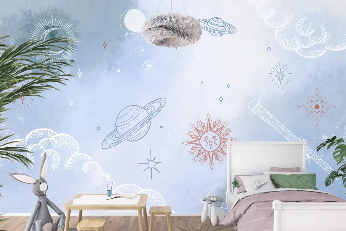 Elle Çizilmiş Öğelerle Toz Pastel Çocuk Odası Duvar Kağıdı