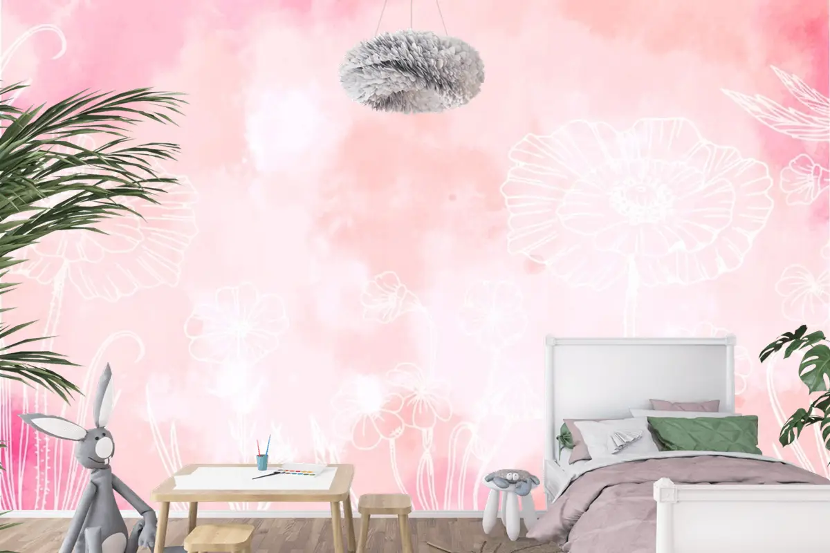 Elle Çizilmiş Öğelerle Toz Pastel Çocuk Odası Duvar Kağıdı