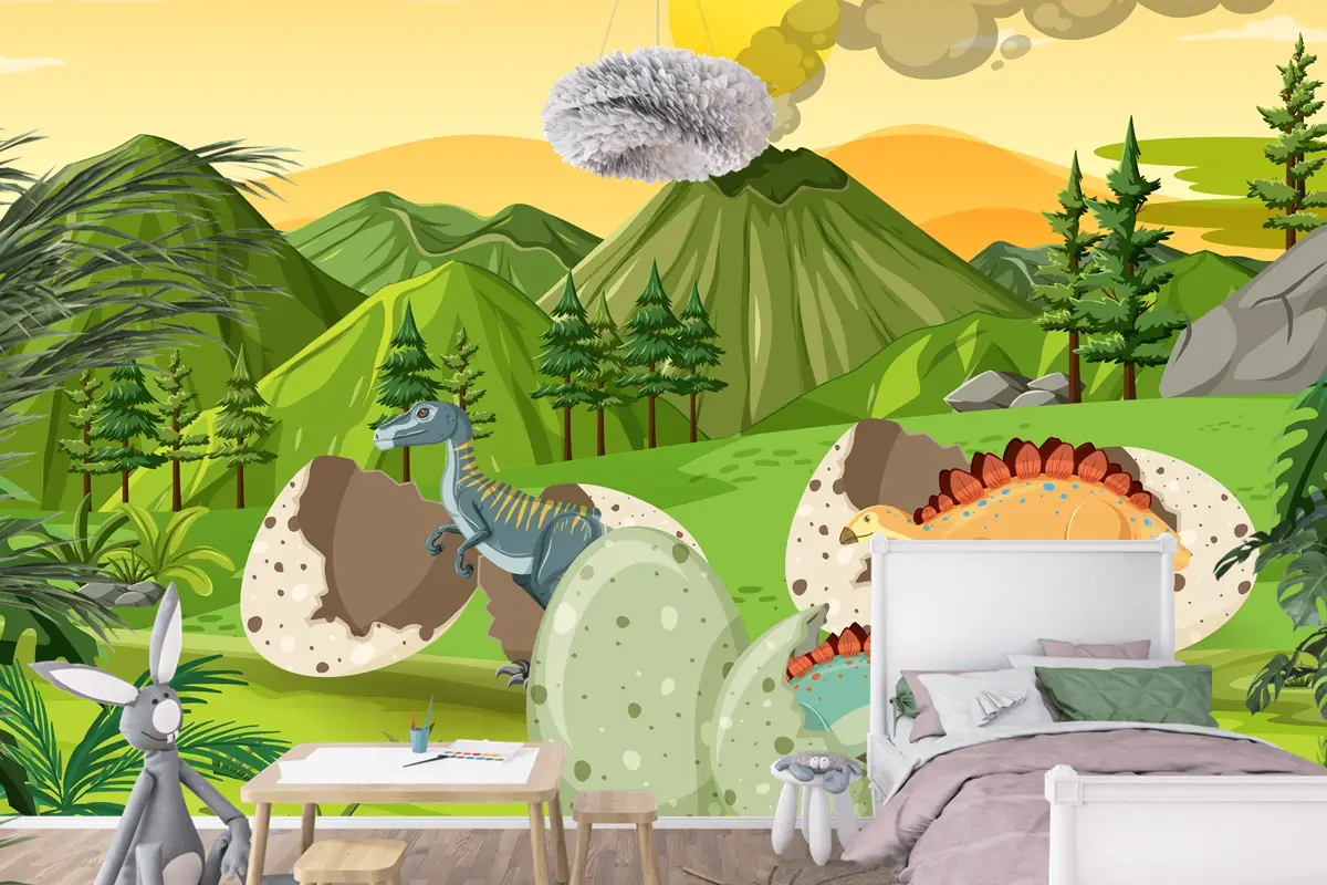 Dinozor Karikatür Çocuk Odası Duvar Kağıdı  Ile Tarih Öncesi Orman