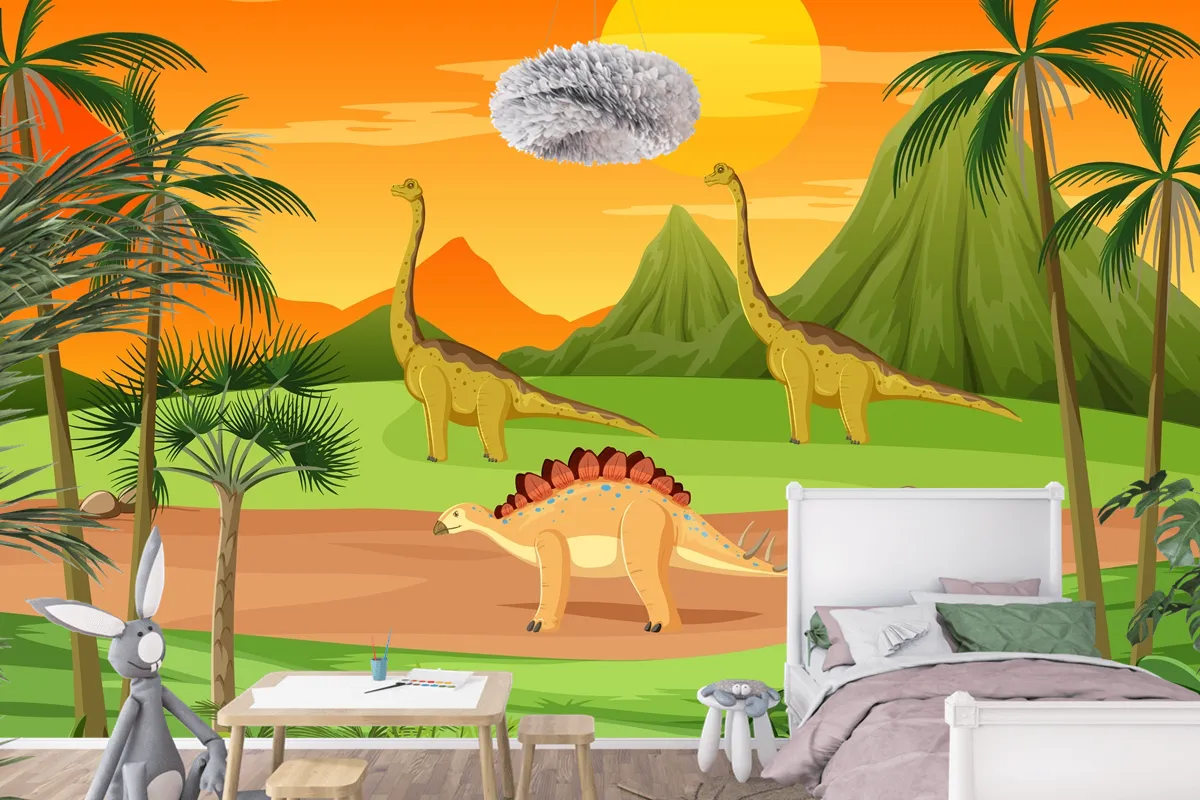 Dinozor Karikatür Çocuk Odası Duvar Kağıdı  Ile Tarih Öncesi Orman