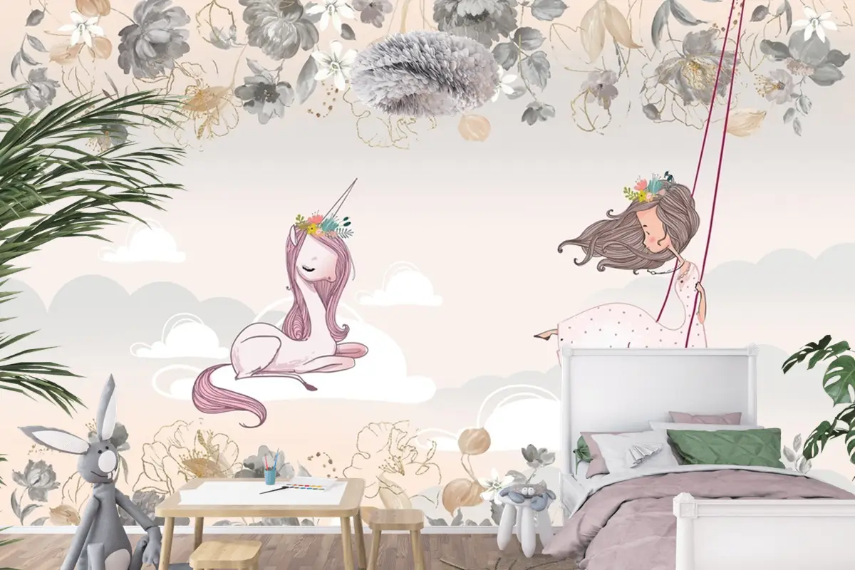 Prenses Ve Unicorn Çocuk Odası Duvar Kağıdı