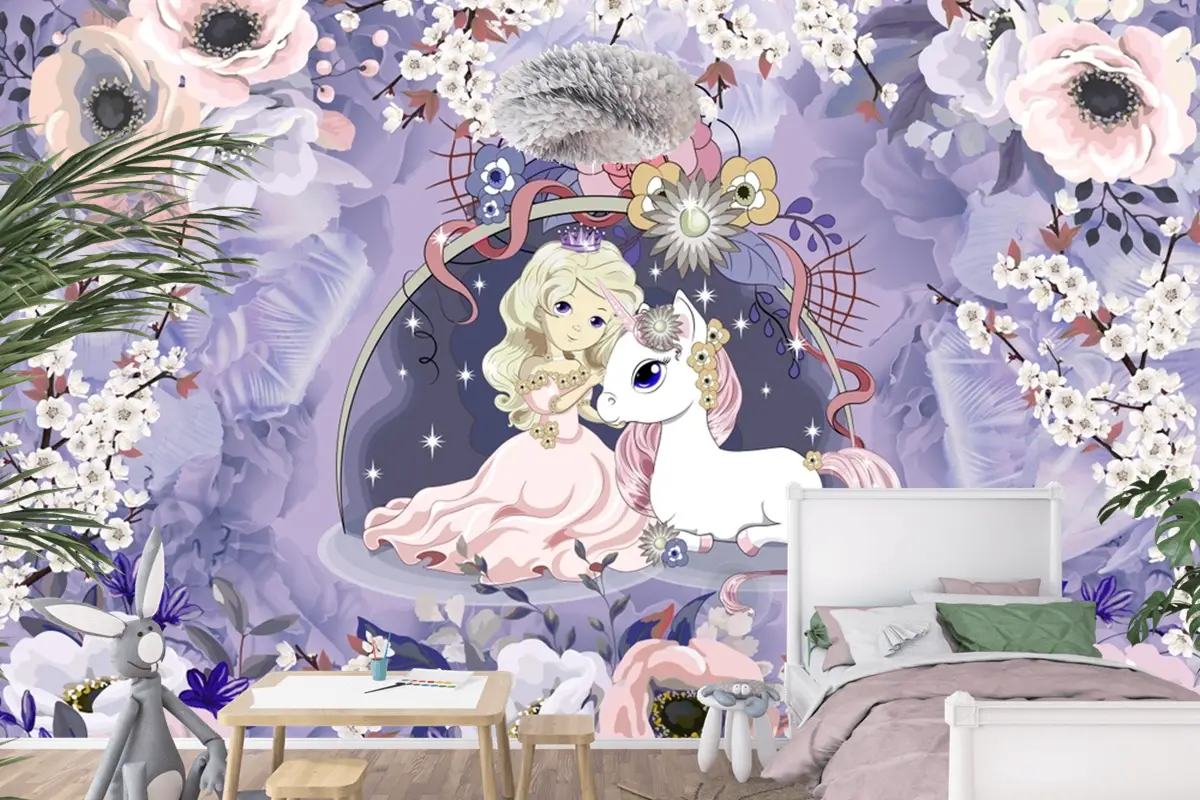 Prenses Ve Unicorn Şakayık Çocuk Odası Duvar Kağıdı