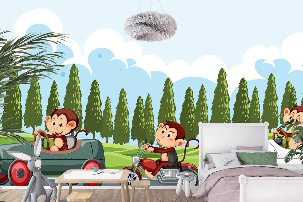 Maymun Yarış Sürücülerinin Bulunduğu Yarış Pisti Sahnesi Çocuk Odası Duvar Kağıdı