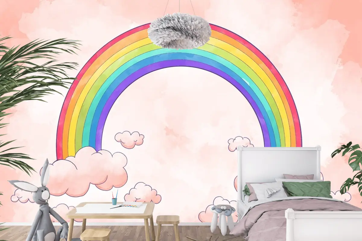 Gökkuşağı Bulutlu Suluboya Tarzı Çocuk Odası Duvar Kağıdı