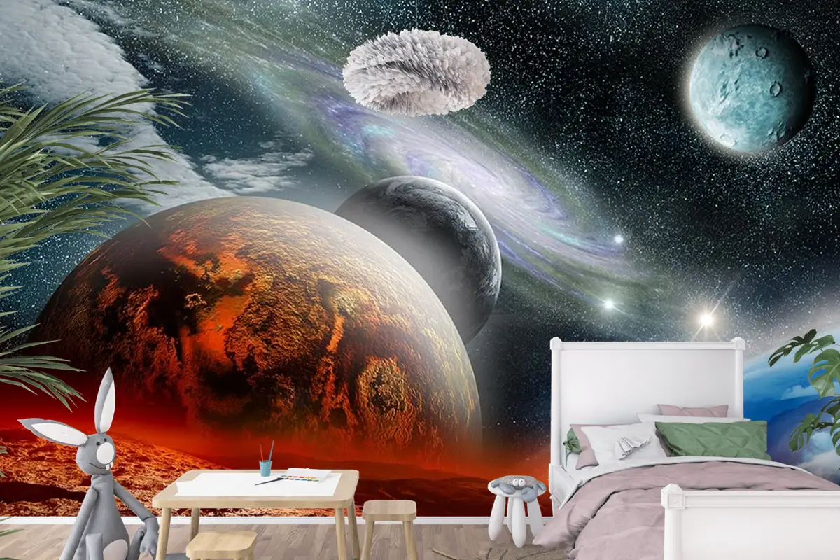 Renkli Galaksi Gezegenler Çocuk Genç Odası Çocuk Odası Duvar Kağıdı