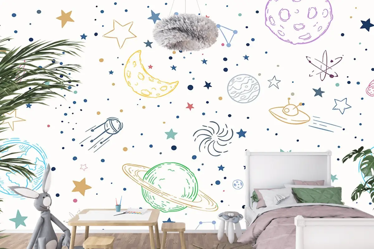 Renkli Gezegenler Uzay Temalı Çocuk Odası Duvar Kağıdı