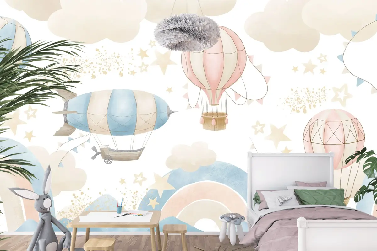 Renkli Gökyüzü ve Sıcak Hava Balonları Temalı Çocuk Odası Duvar Kağıdı