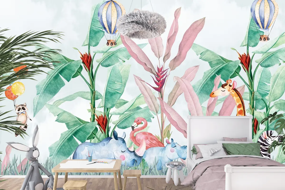Renkli Hayvanlar ve Balonlu Macera Çocuk Odası Duvar Kağıdı