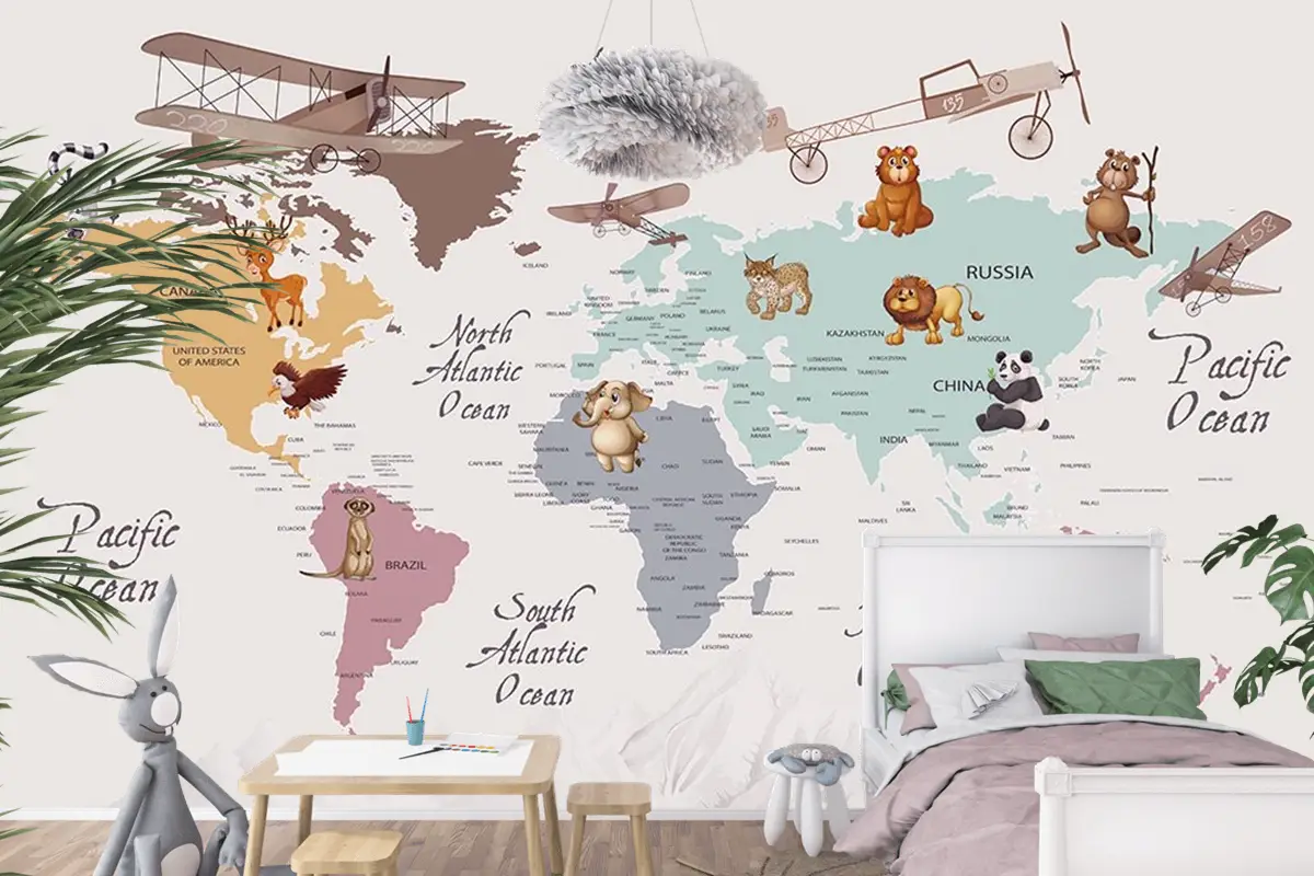 Renkli Kıtalar Öğretici Çocuk Odası Duvar Kağıdı