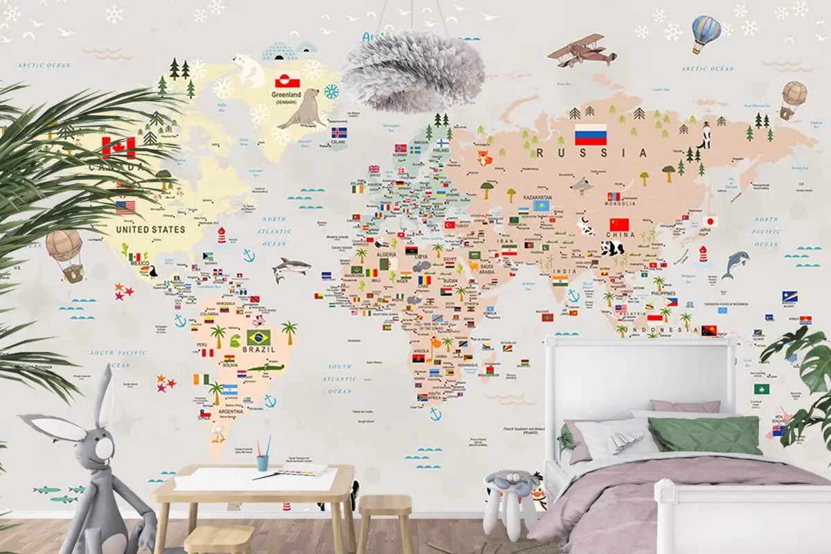 Renkli Kıtalar Ülke Isimleri Yazılı Çocuk Odası Dünya Haritası Çocuk Odası Duvar Kağıdı