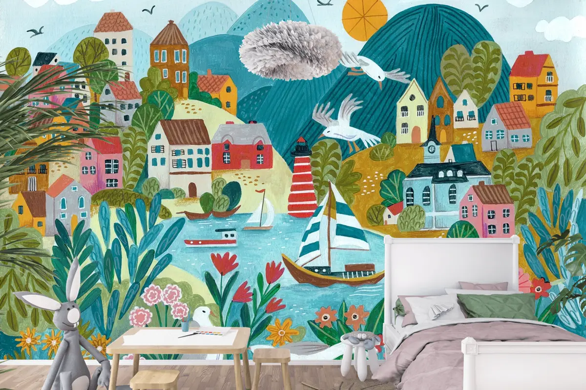 Renkli Sahil Kasabası Çiçek Göl Çocuk Odası Duvar Kağıdı