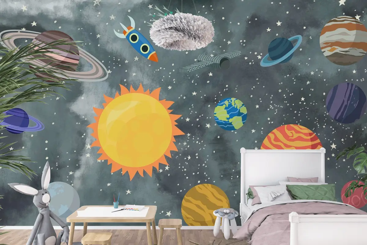 Renkli Uzay Sahnesi ve Roketler Temalı Çocuk Odası Duvar Kağıdı