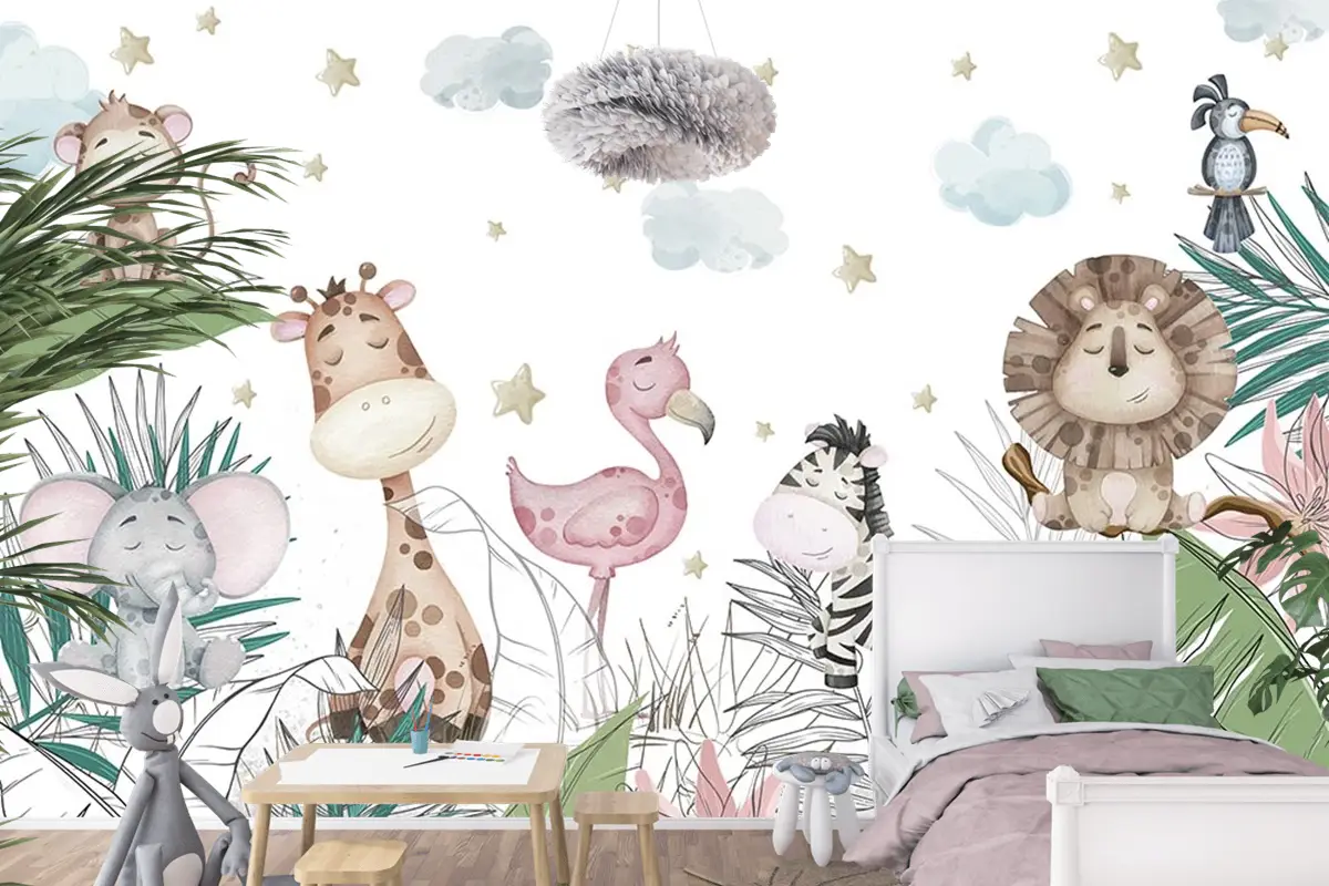 Renkli Yapraklar Sevimli Hayvanlar Çocuk Odası Duvar Kağıdı