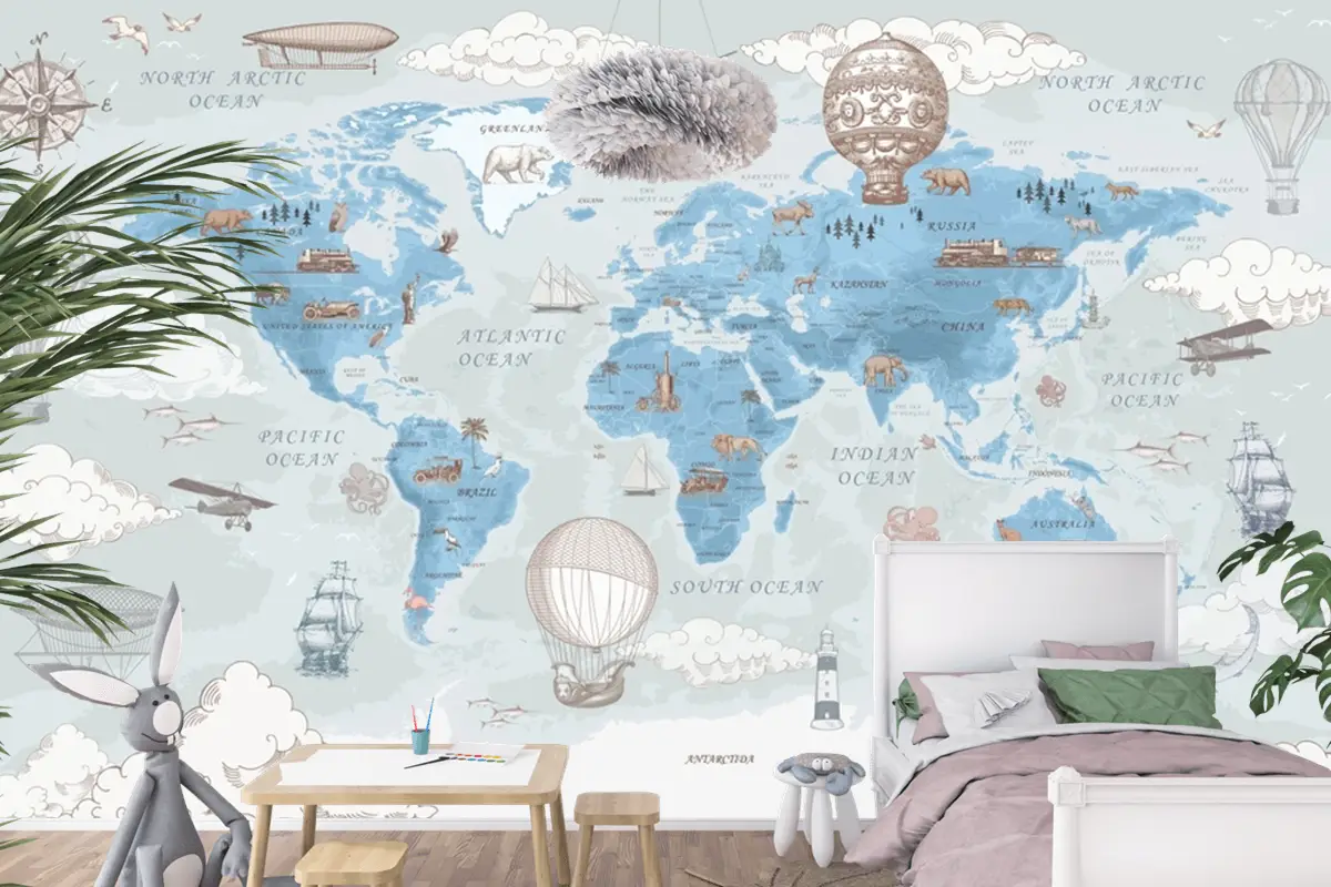 Retro Dünya Haritası Çocuk Odası Duvar Kağıdı Retro Dünya Haritası Çocuk Odası Duvar Kağıdı