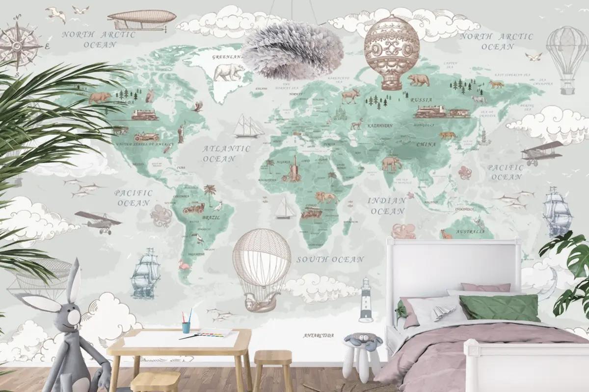 Retro Dünya Haritası Vintage Sıcak Hava Balonları Ve Uçaklar Bebek Odası Duvar Kağıdı
