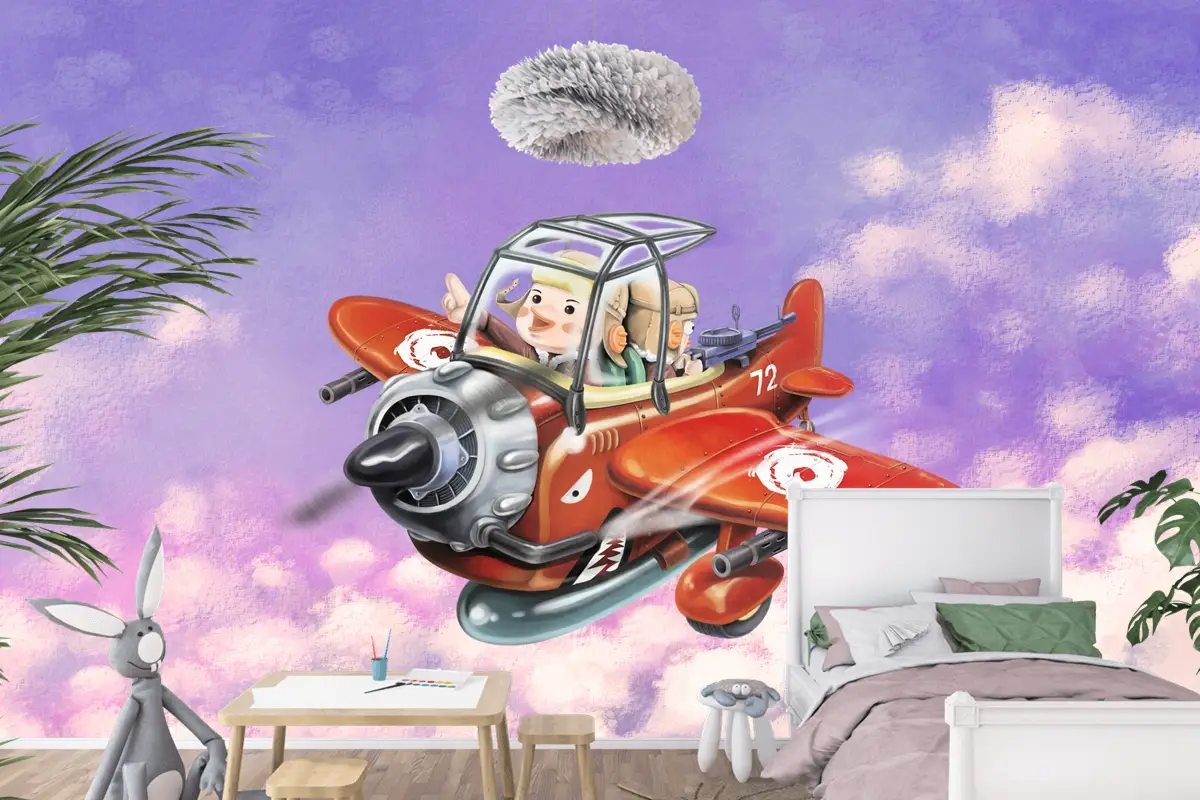 Kırmızı Uçağa Binmek Gökyüzünde Uçmak İki Havacı Çocuk Odası Duvar Kağıdı