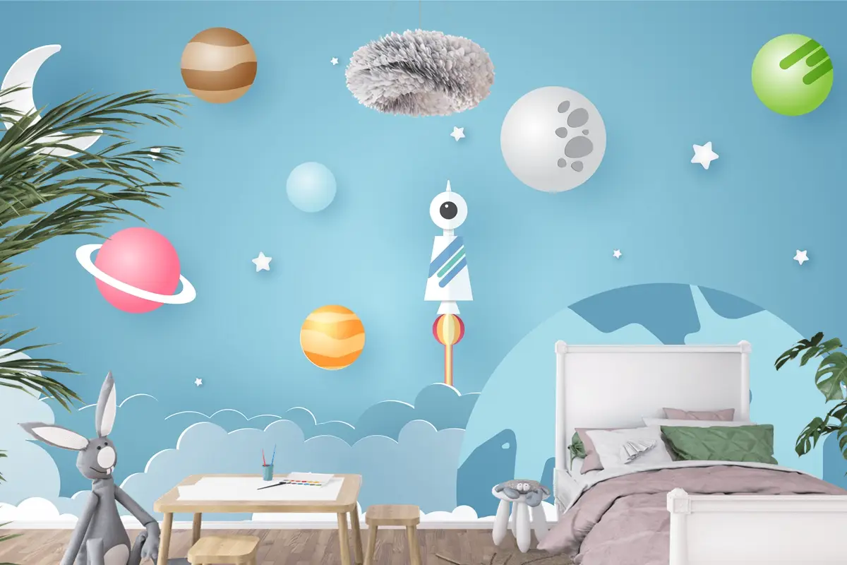 Roket Gezegenler Gibi Çeşitli Gök Nesneleriyle Çevrelenmiş Çocuk Odası Duvar Kağıdı