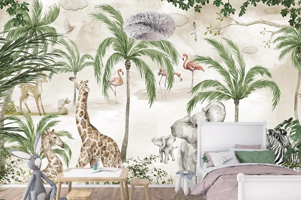 Safari Hayvanları Çocuk Odası Duvar Kağıdı Tropikal Safari Wallpaper
