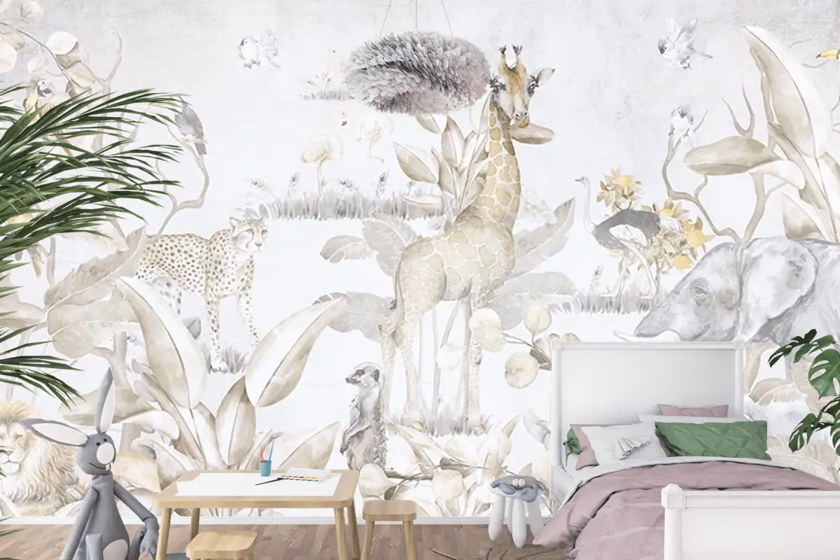 Safari Hayvanları Ve Ağaçlar Çocuk Odası Duvar Kağıdı