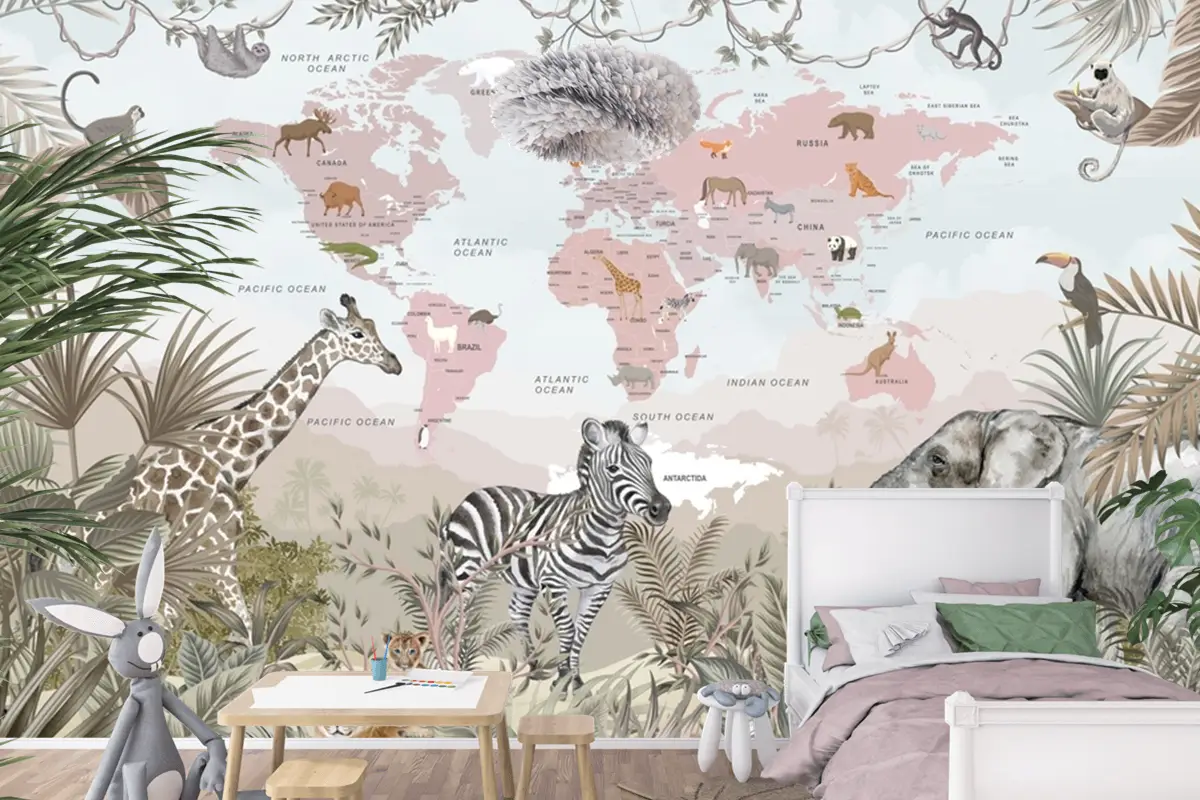 Safari Hayvanları Ve Çocuk Dünya Haritası Duvar Kağıdı Safari Hayvanları Ve Çocuk Dünya Haritası Duvar Kağıdı