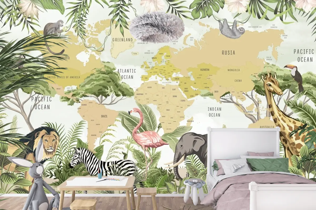 Safari Hayvanları Zürafa Zebra Aslan Flamingo Çocuk Odası Duvar Kağıdı