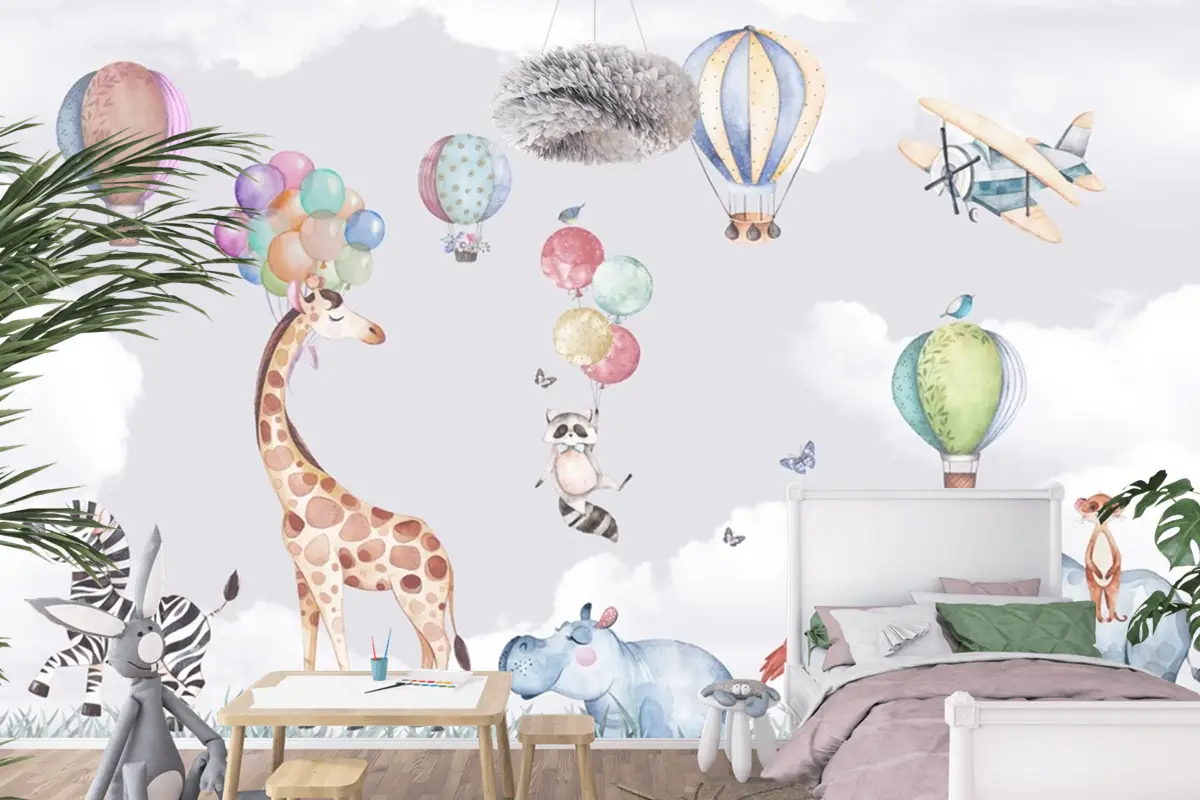 Safari Hayvanları Zürafa Zebra Gergedan Flamingo Çocuk Odası Duvar Kağıdı