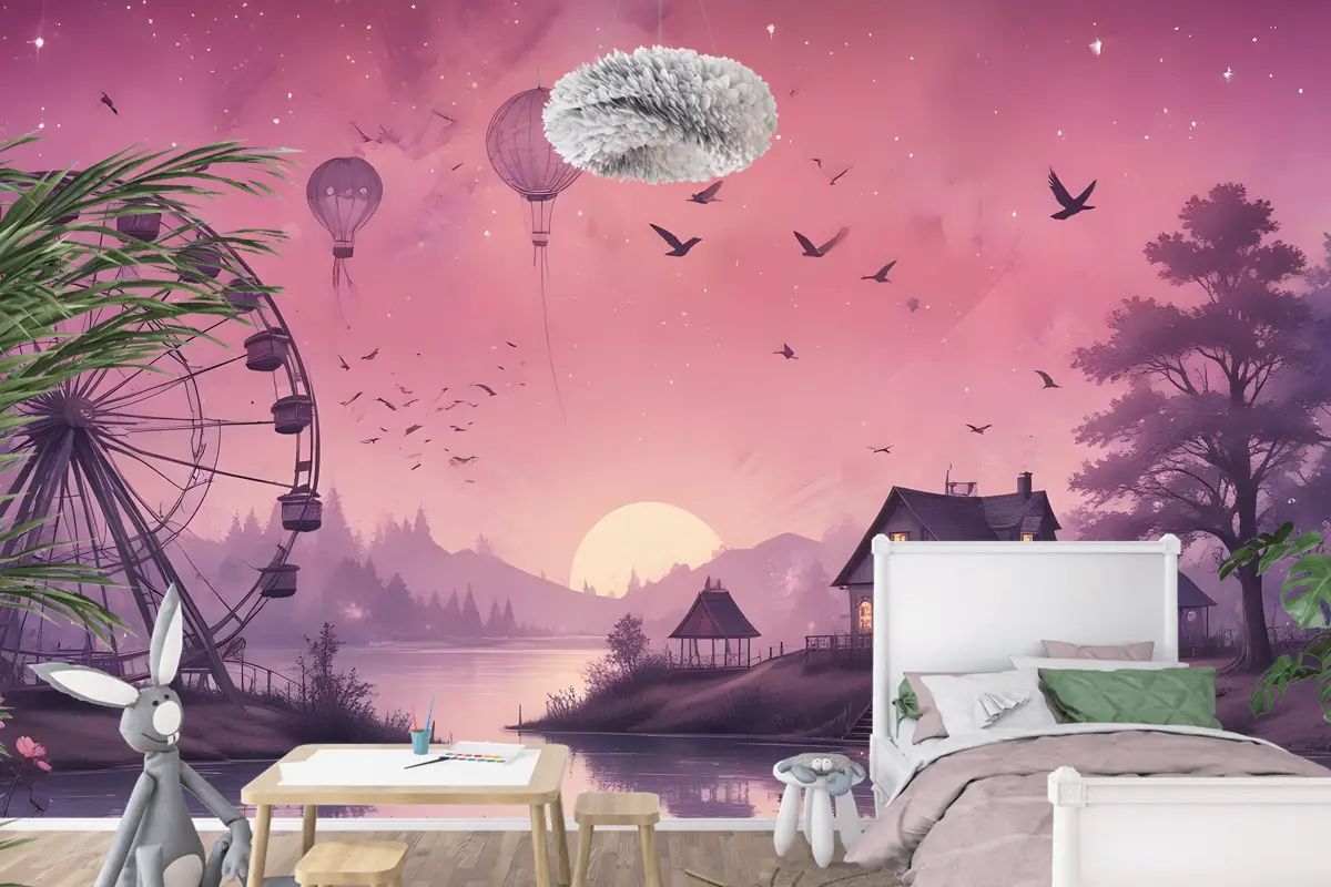 Dönme Dolap Ile Deniz Manzarası Çocuk Odası Duvar Kağıdı