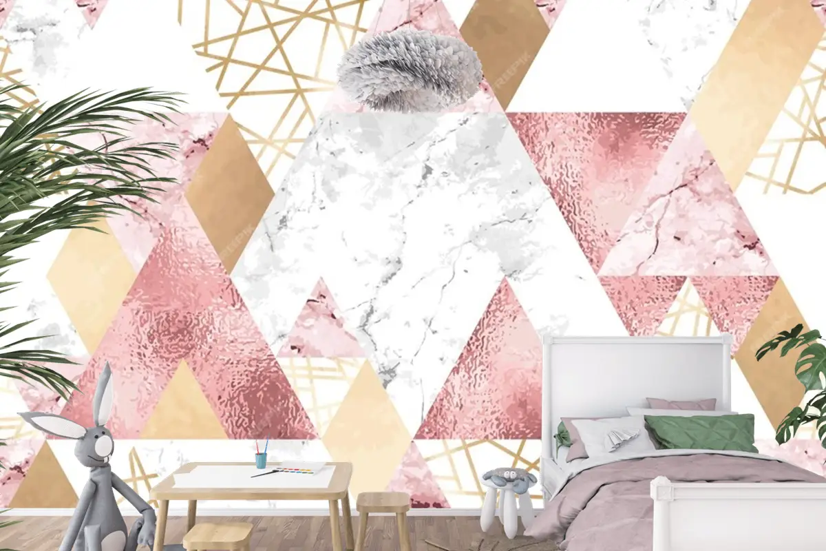 Metalik Çizgilerle Kesintisiz Geometrik Desen Gül Altın Gri Ve Pembe Mermer Üçgenler Çocuk Odası Duvar Kağıdı