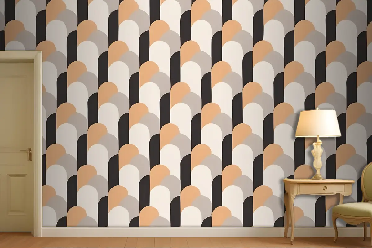 Turuncu Gri Ve Siyah Tonlarında Örtüşen Yarım Daire Şekilli Kesintisiz Geometrik Desen Antre  Hol  Koridor Duvar Kağıdı