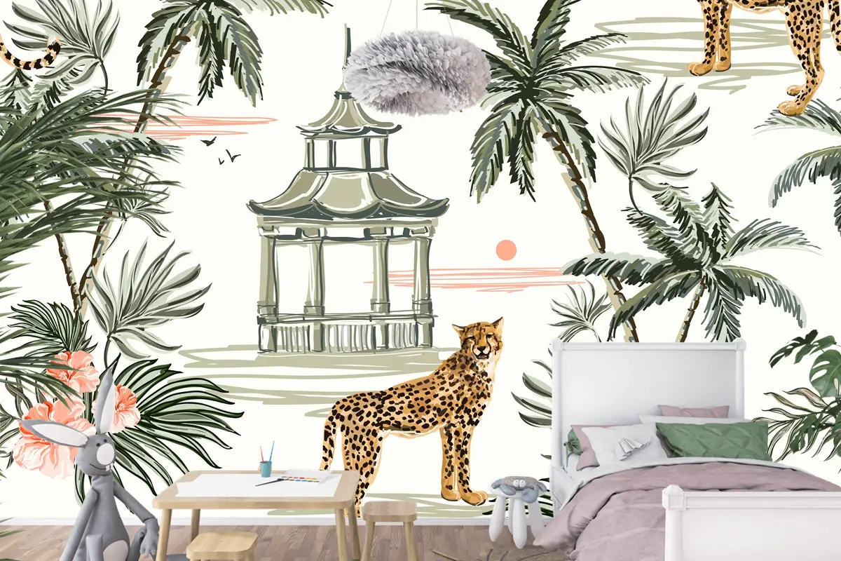 Hindistan Cevizi Palmiye Ağaçları Leopar Çocuk Odası Duvar Kağıdı Ile Dikişsiz Desen Arka Plan