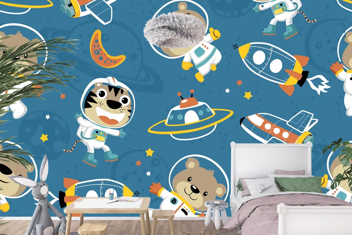 Uzay Taşımacılığındaki Komik Astronotun Kusursuz Deseni Çocuk Odası Duvar Kağıdı
